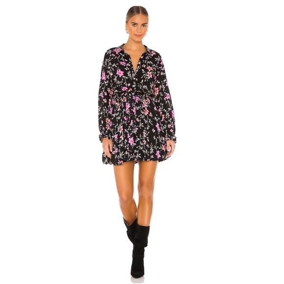 Free People Dresses & Skirts - Free People Lighten Up Floral Mini Dress Long Sleeve Black Pink Boho Small